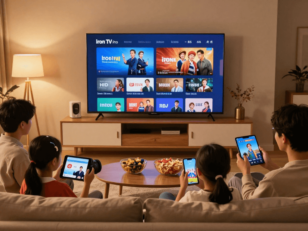 Famille utilisant Iron TV Pro sur un grand écran, ambiance chaleureuse.