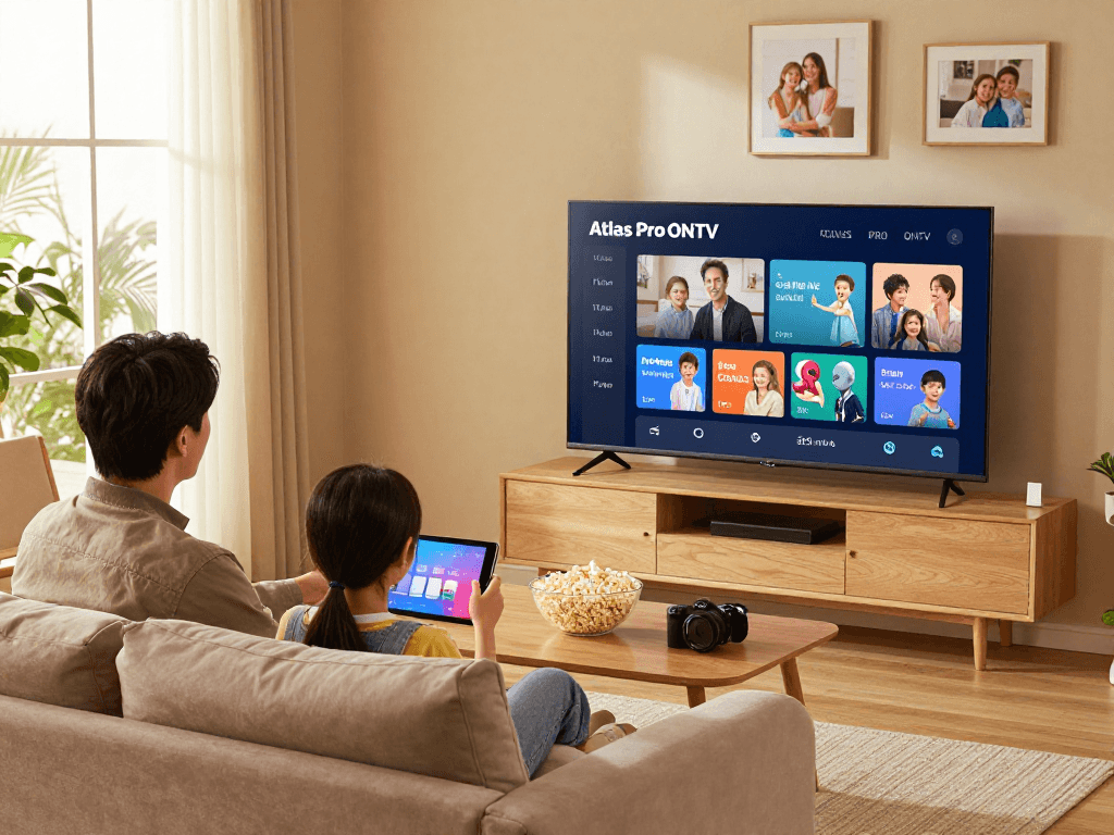 Profitez de l'application Atlas Pro ONTV dans un salon familial confortable.