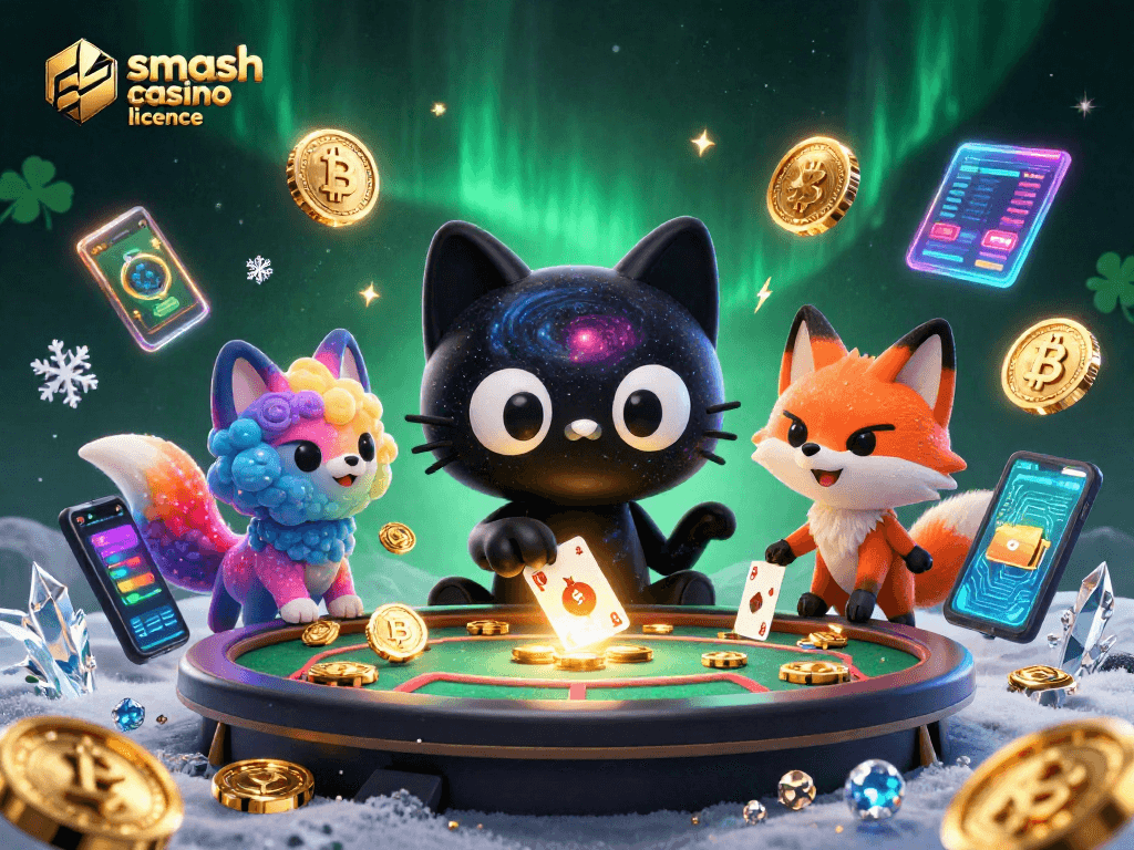 Vérifiez la smash casino licence avec des jeux de cartes et de jetons en action dans un cadre cosmique.