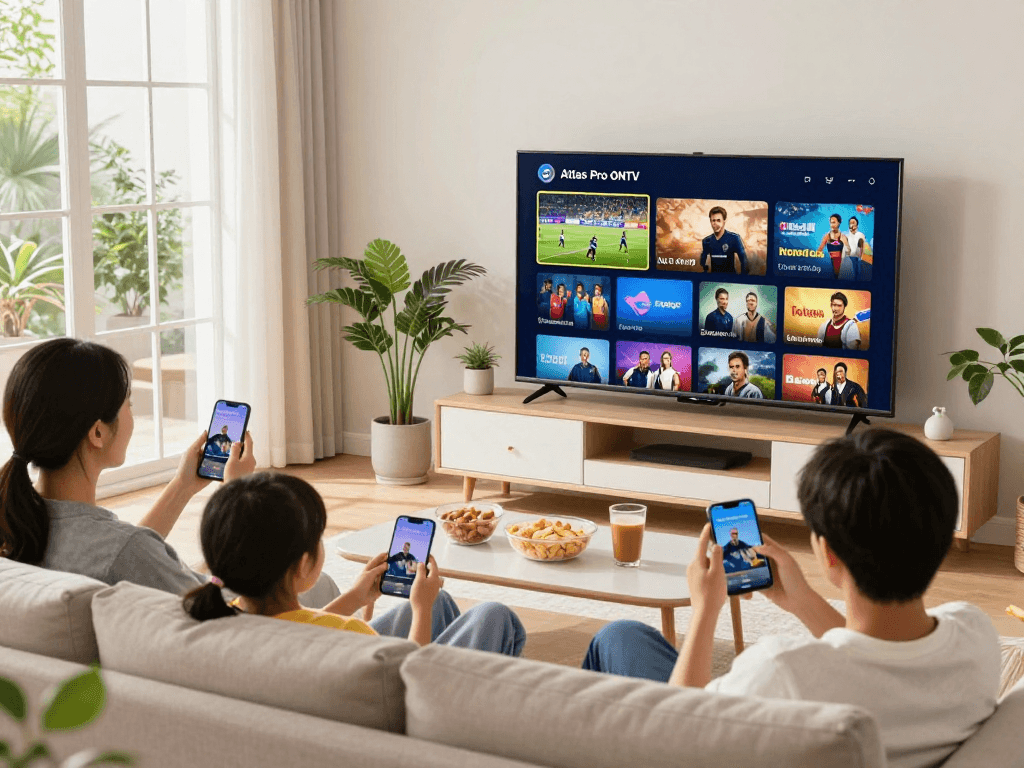 Regardez Atlas pro ontv sur une Smart TV avec une famille profitant d'une expérience de streaming ensemble.
