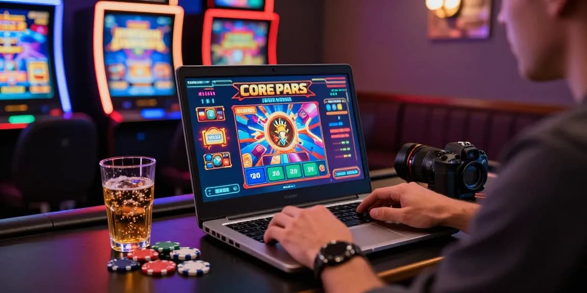 Un joueur sur un casino en ligne avec graphique vibrant de machines à sous, des jetons de casino sur la table.