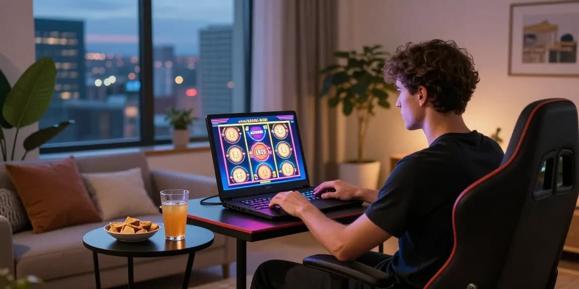 Un joueur découvrant un nouveau casino en ligne dans un environnement moderne et accueillant, avec une ambiance excitante.