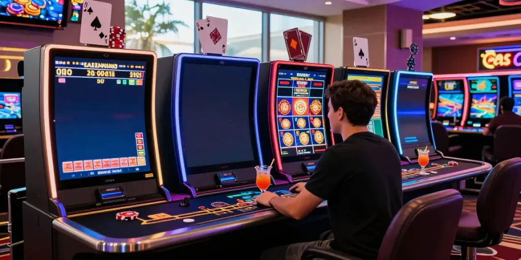 Ambiance de Casino En Ligne avec joueur devant plusieurs écrans affichant des jeux en direct.
