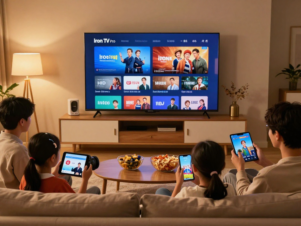Famille utilisant Iron TV Pro sur un grand écran, ambiance chaleureuse.