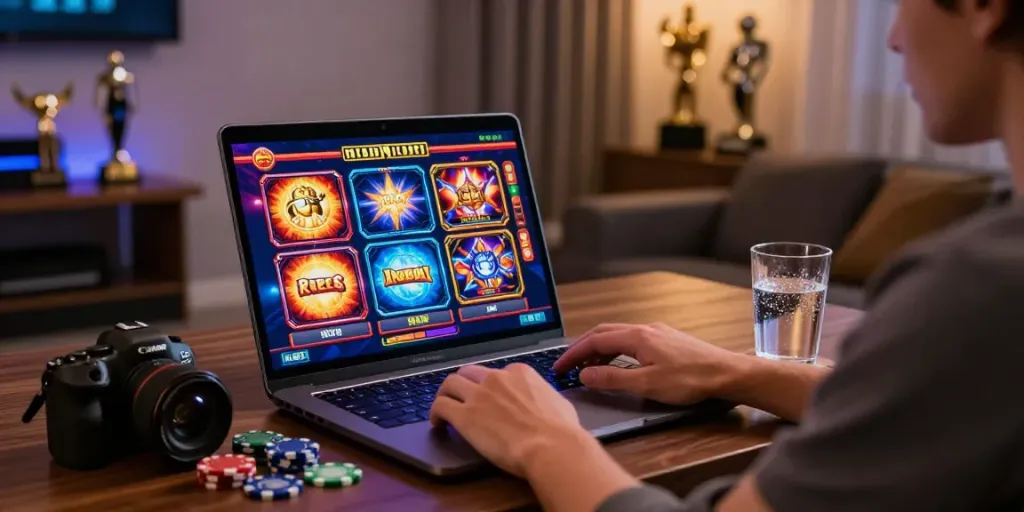 Joueur sur https://studiobarw.com/ profitant des machines à sous dans un cadre moderne et accueillant.