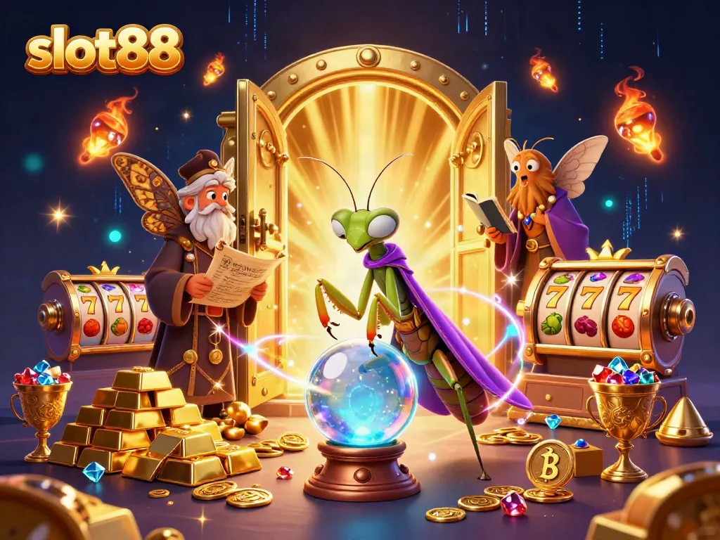 Engage with slot88 game reels and mystical characters in a vibrant casino illustration.