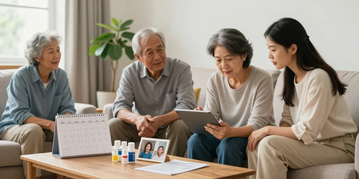 Scène de coordination des soins en famille avec un carnet de liaison aidant numérique sur tablette.