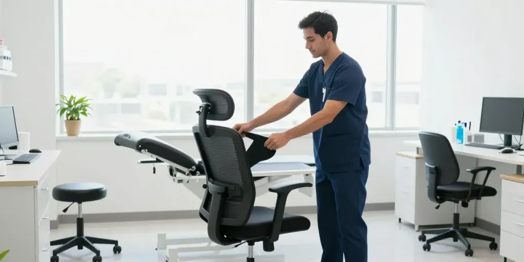 Fournisseur de chaises et tabourets pour cabinets médicaux, illustrant un professionnel ajustant une chaise ergonomique dans un cabinet moderne.