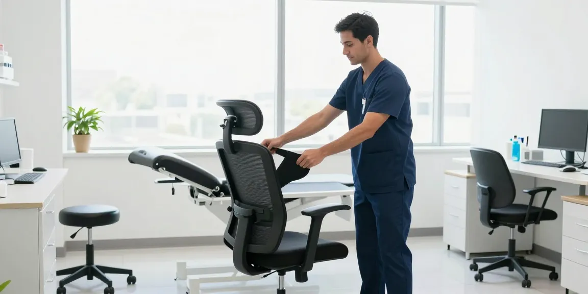 Fournisseur de chaises et tabourets pour cabinets médicaux, illustrant un professionnel ajustant une chaise ergonomique dans un cabinet moderne.
