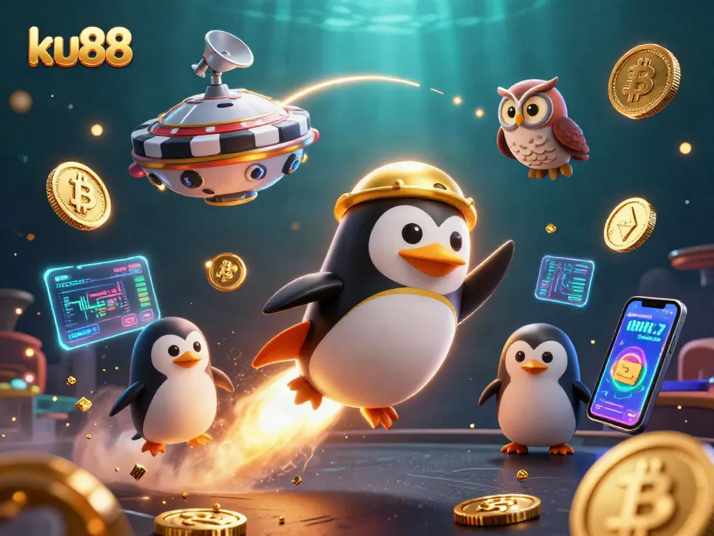 Experience thrilling gaming at ku88 with a golden penguin in an exciting 3D casino universe.