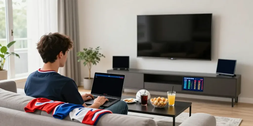 Un homme pariant en ligne sur des événements sportifs depuis son canapé, entouré de souvenirs sportifs.