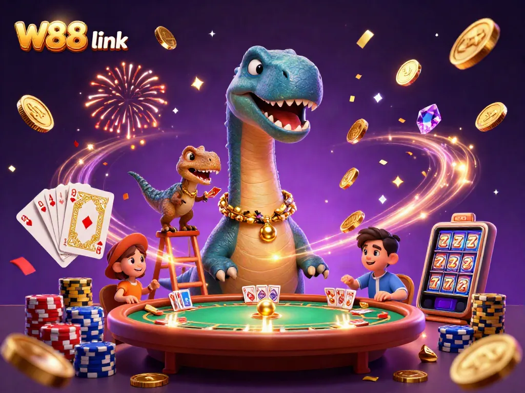 Play with excitement at W88 link, featuring vibrant casino elements and a playful dinosaur.
