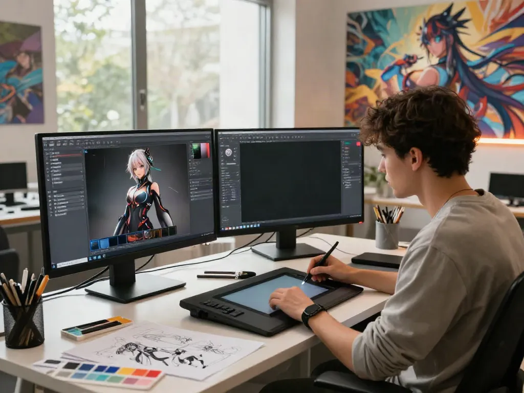 Futa AI artist creating digital characters in a modern studio environment with dual monitors and creative tools.