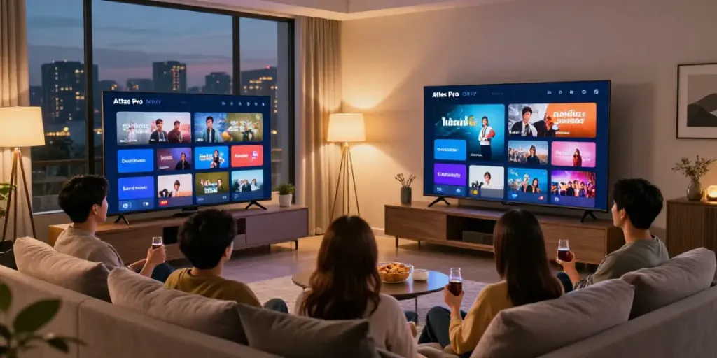 Configuration moderne de divertissement à domicile avec l'application Atlas Pro ONTV sur un téléviseur intelligent.