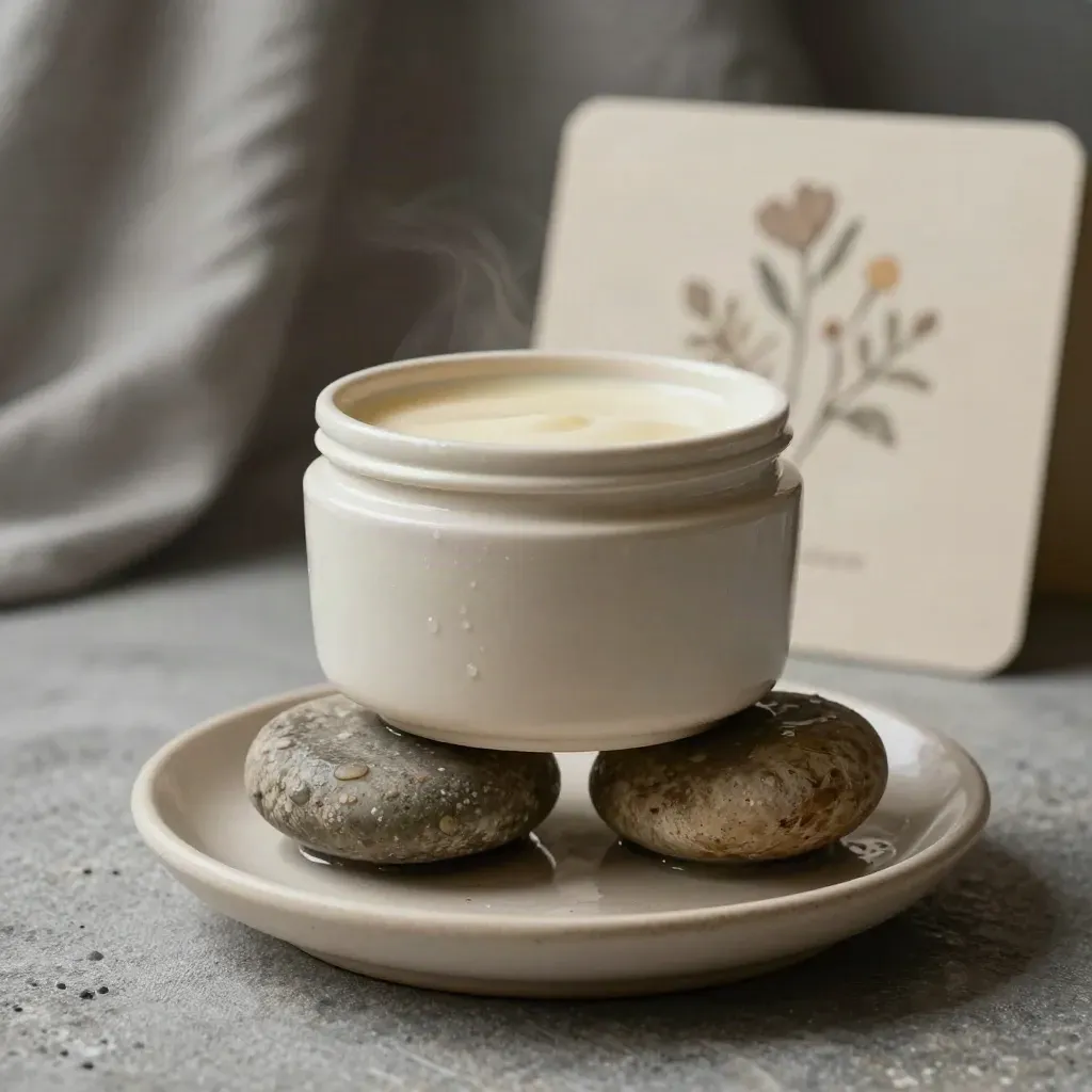 Pot de crème visage sans étiquette entre galets humides et coupelle de céramique.