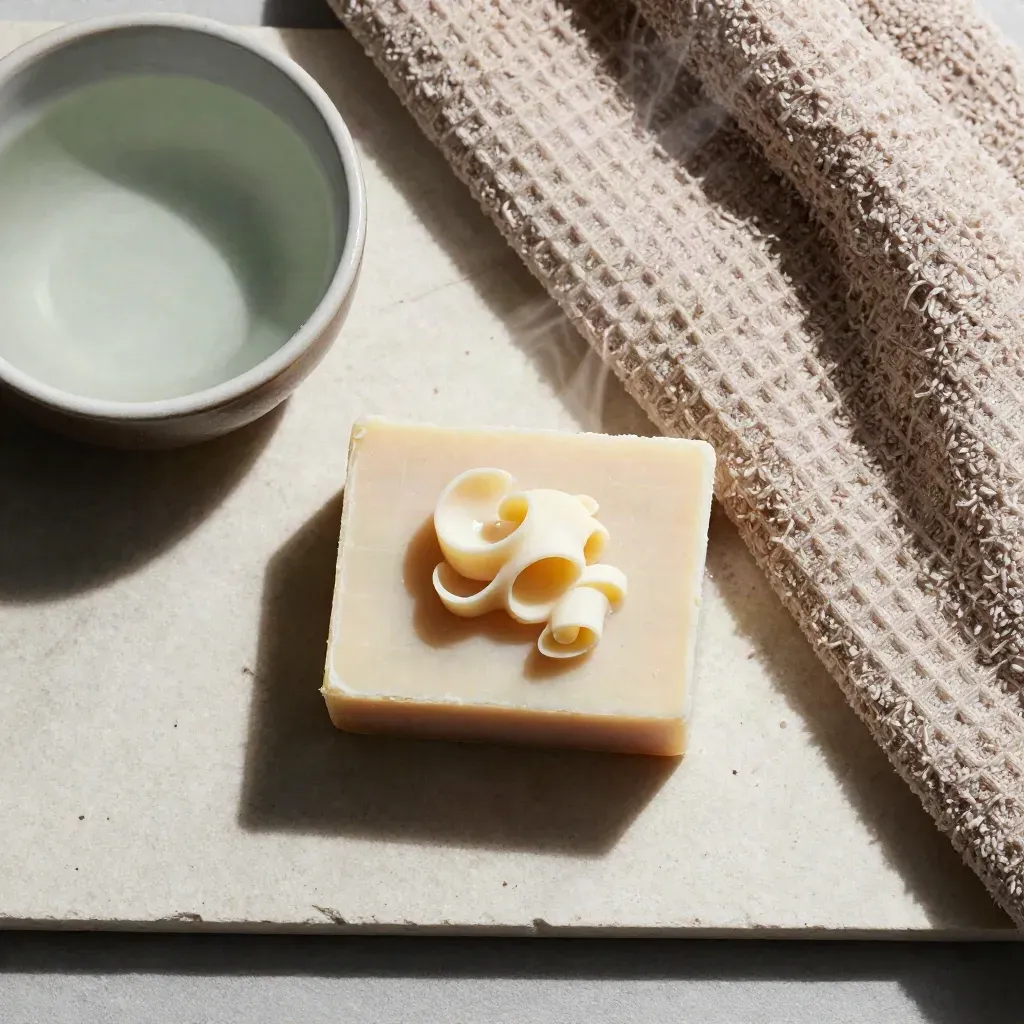 Savon amande ivoire râpé, copeaux frais, bol d’eau et serviette gaufrée sur pierre claire.