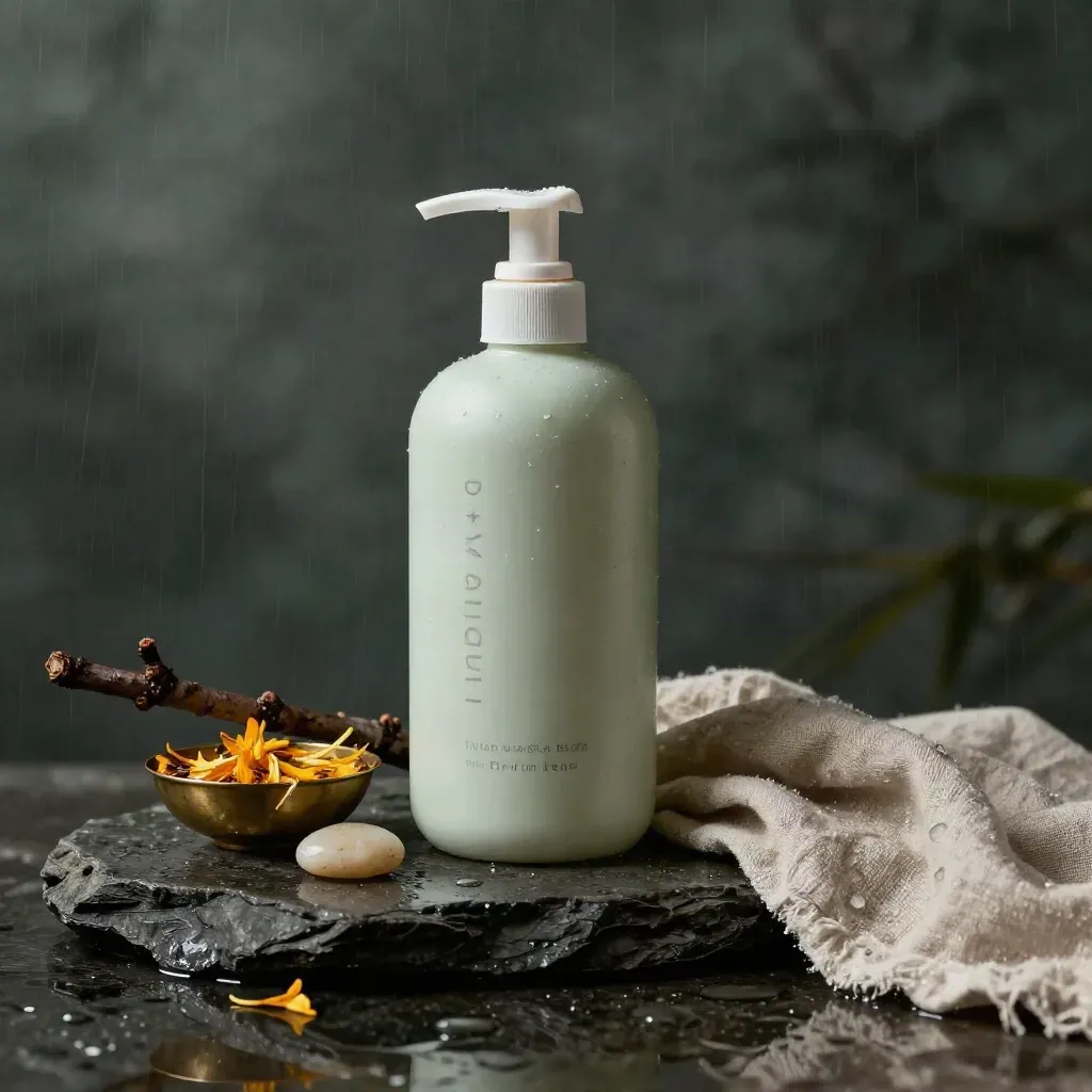 Flacon pompe crème, calendula, rameau d’amandier et linge de lin sur pierre mouillée.