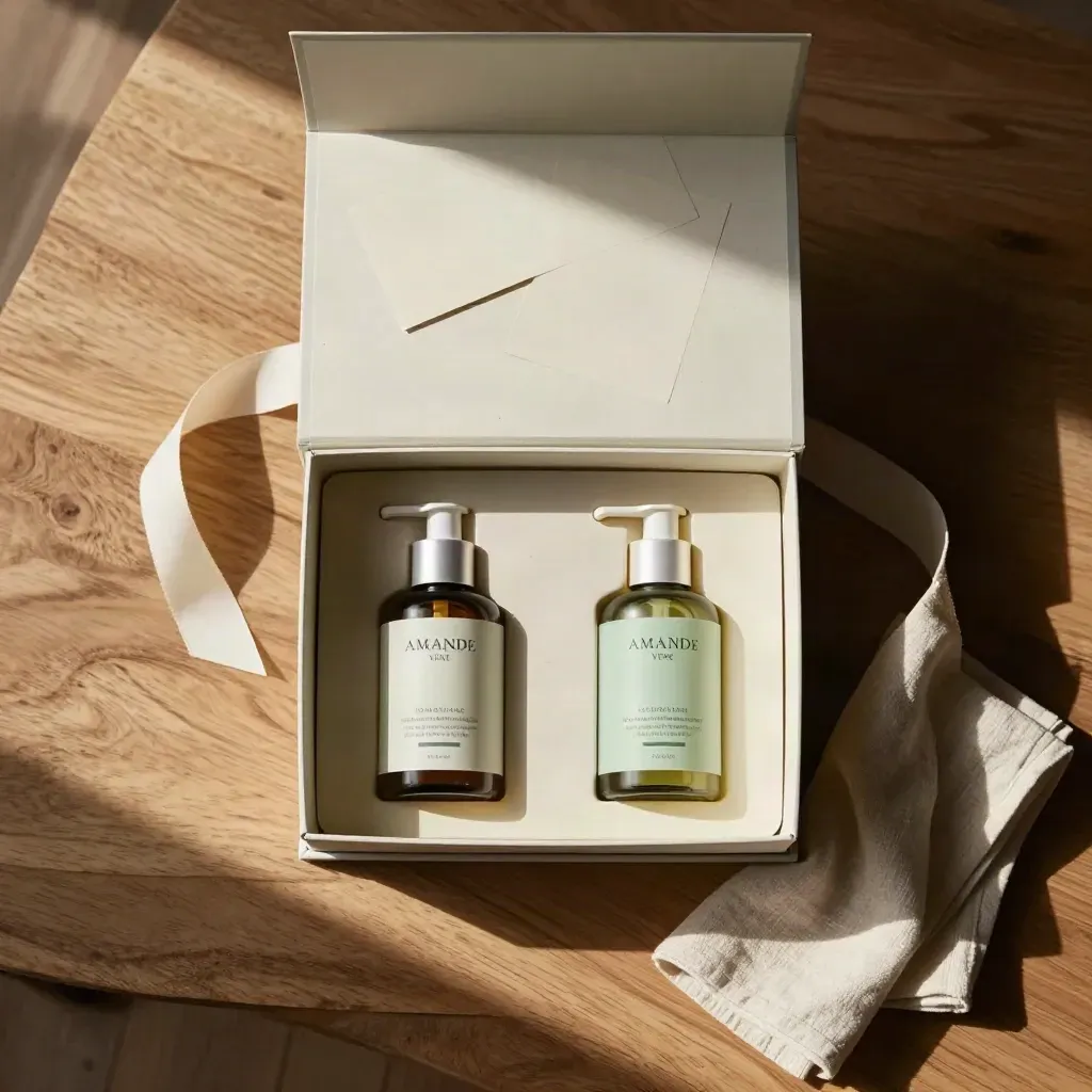 Coffret cadeau ouvert avec deux soins, ruban, tissu froissé et serviette sur bois clair.