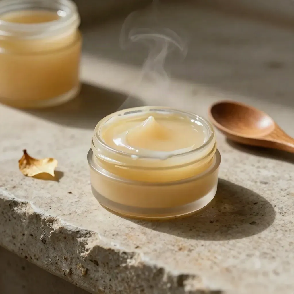 Petit pot de baume à lèvres au miel ouvert, cuillère en bois et pétale sec sur pierre chaude.