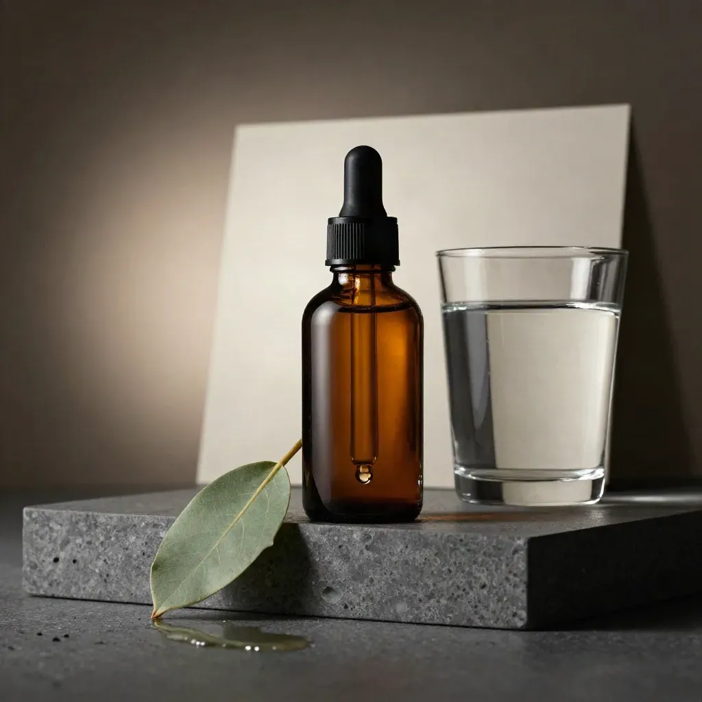 Flacon de sérum ambré, goutte suspendue, feuille nervurée et verre d’eau sur fond sombre.
