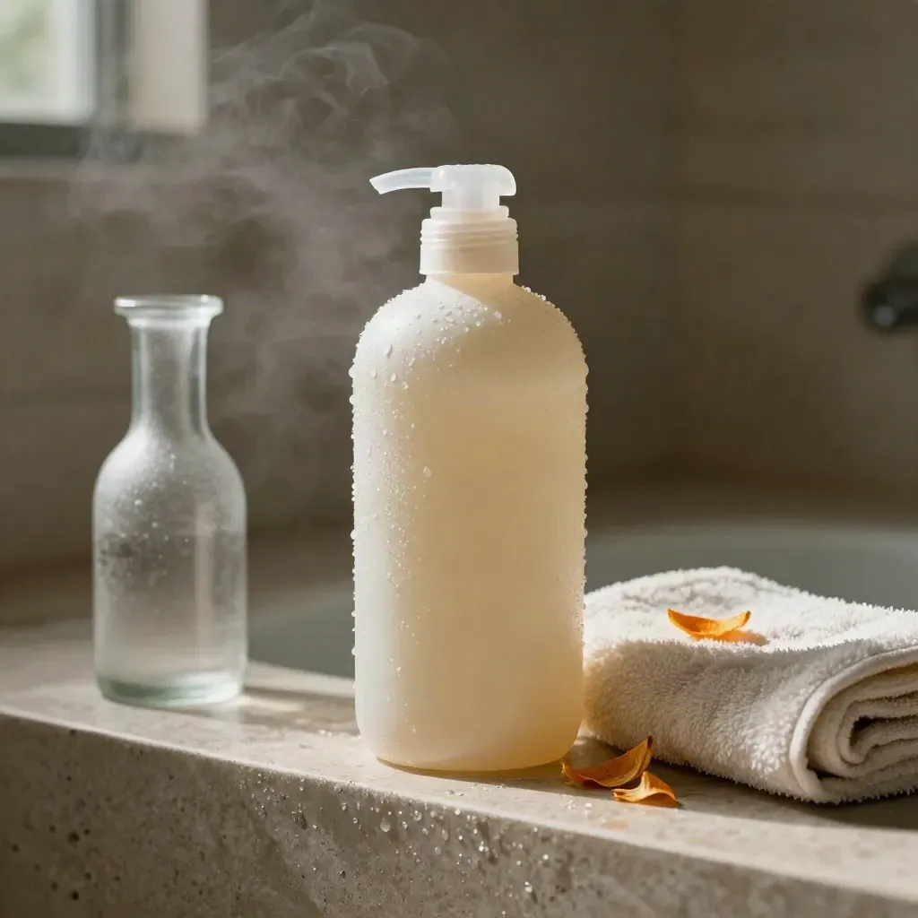 Flacon de gel douche fleur d’oranger humide, serviette crème et carafe en verre dépoli dans la vapeur.