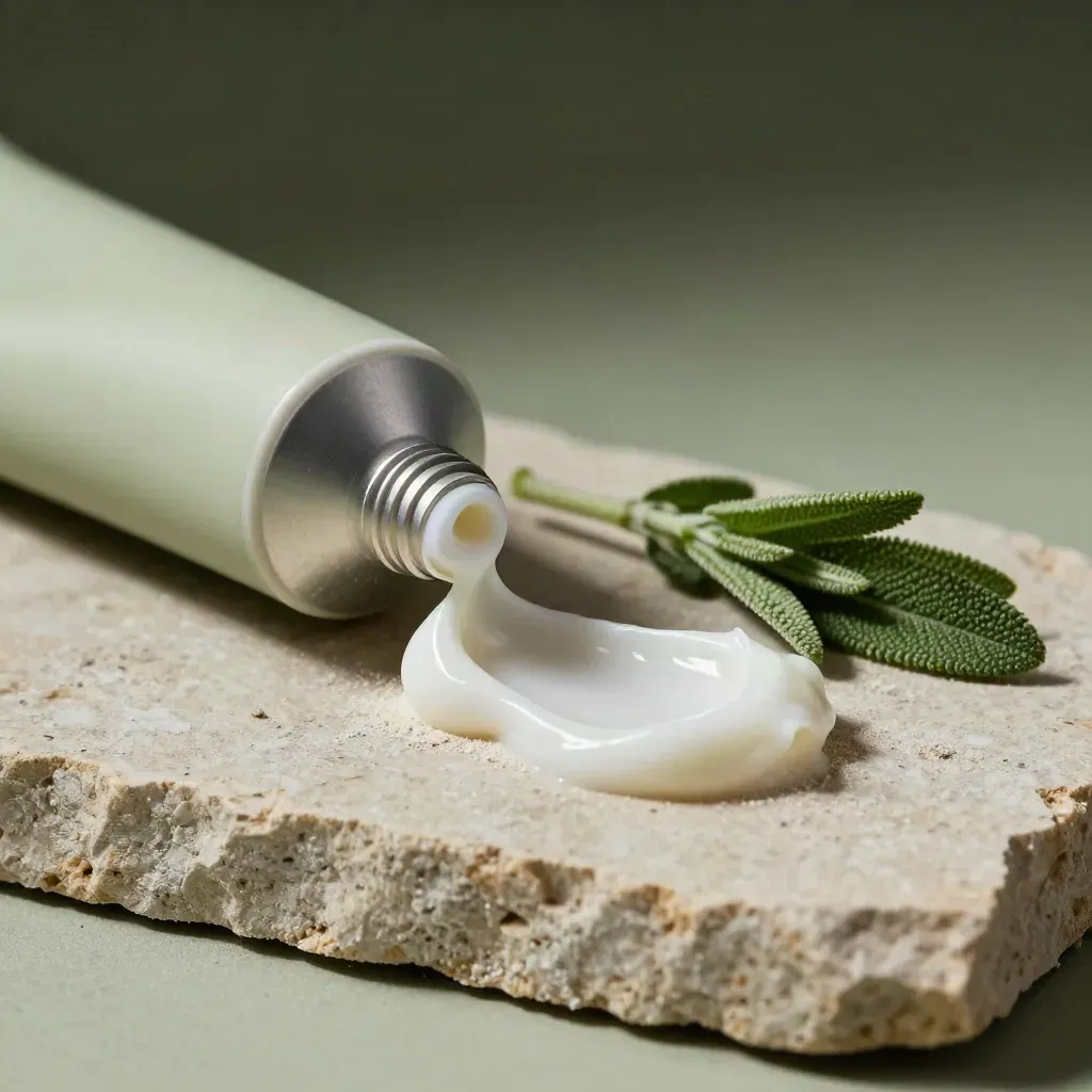 Tube de crème mains à l’amande verte, bouchon à côté, crème en spirale sur pierre claire et brin de sauge.