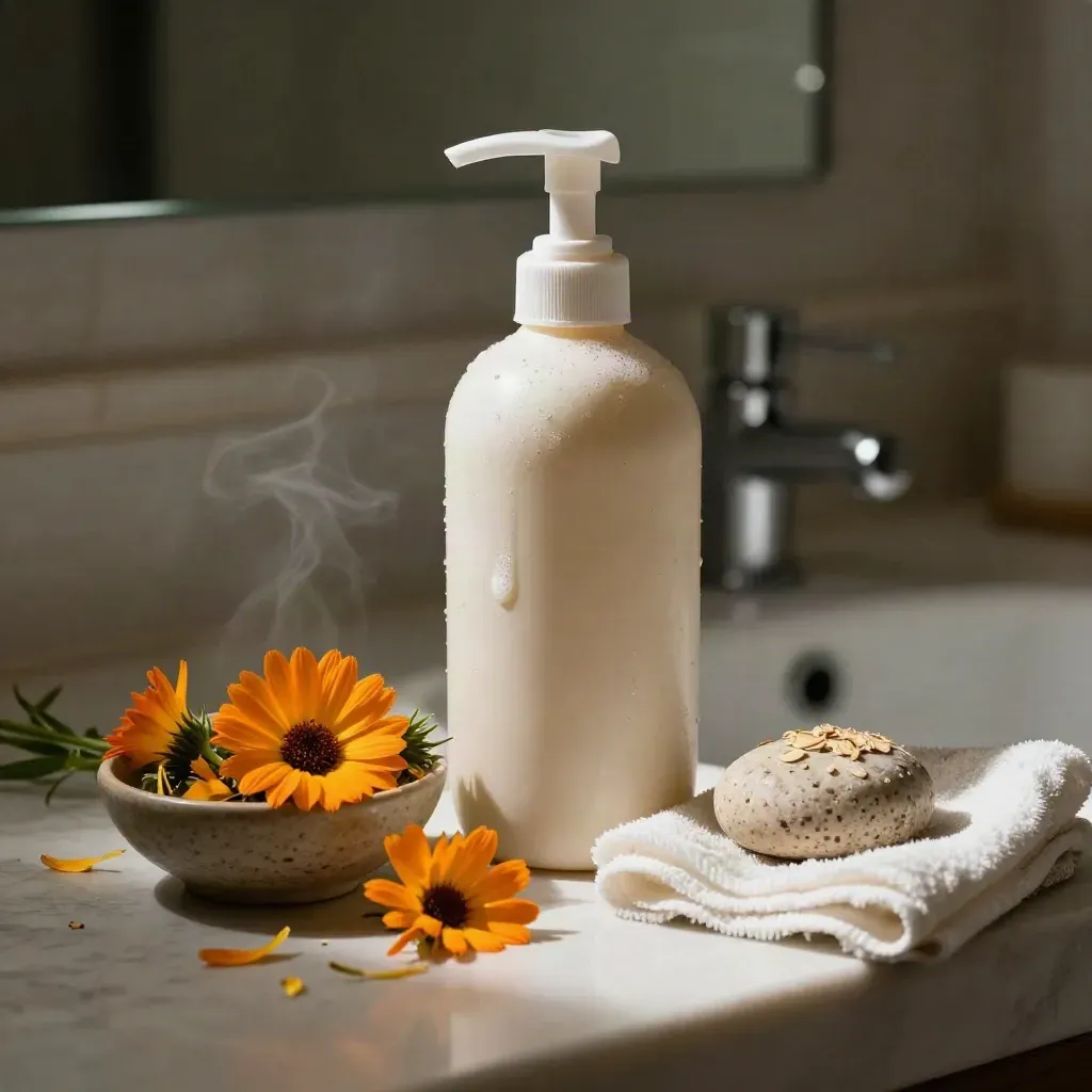 Flacon pompe de gel calendula, fleurs, pierre mouillée et linge de coton sur un lavabo.