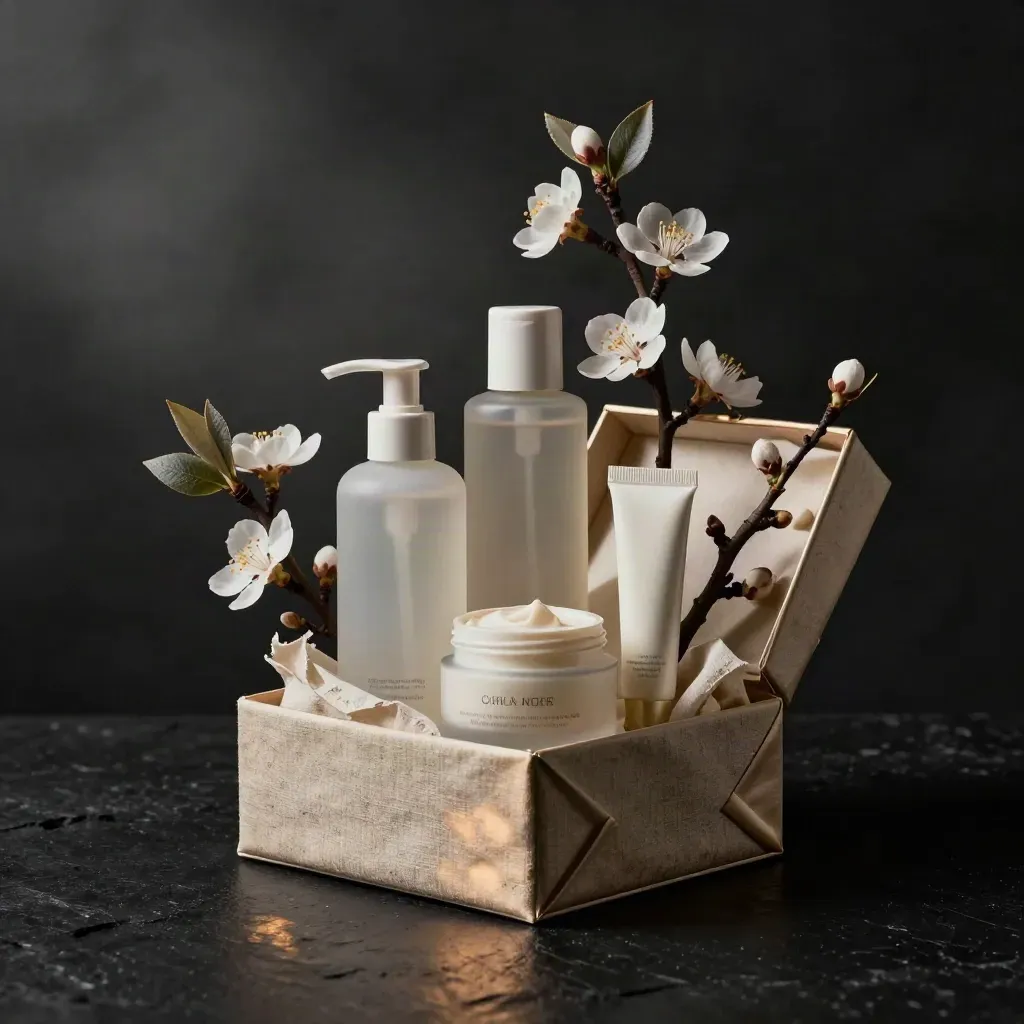 Coffret familial de trois soins ouverts, avec linge brut et rameaux d’amandier sur fond sombre.