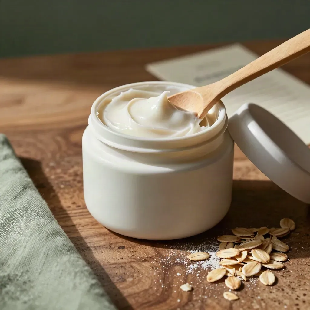 Pot de crème riche à l’avoine, cuillère en bois, flocons d’avoine et linge sauge sur pierre mate.