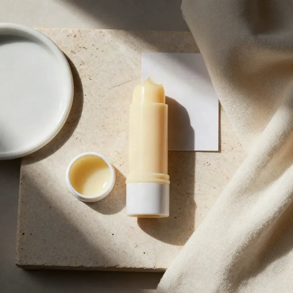 Flatlay zénithal d’un baume à lèvres vanille douce avec copeaux de cire et tissu crème