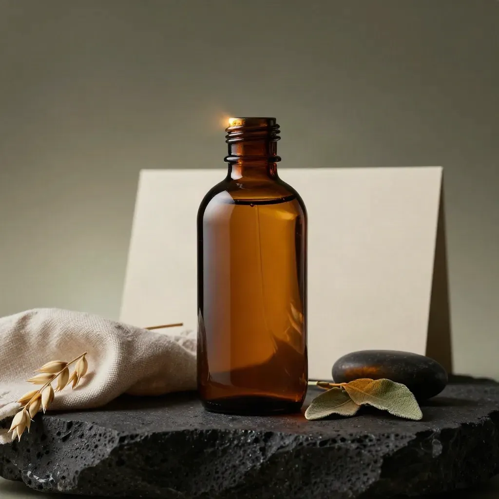 Flacon d’huile sèche ambrée avec tissu roulé, galet sombre et feuille sèche sur socle minéral.