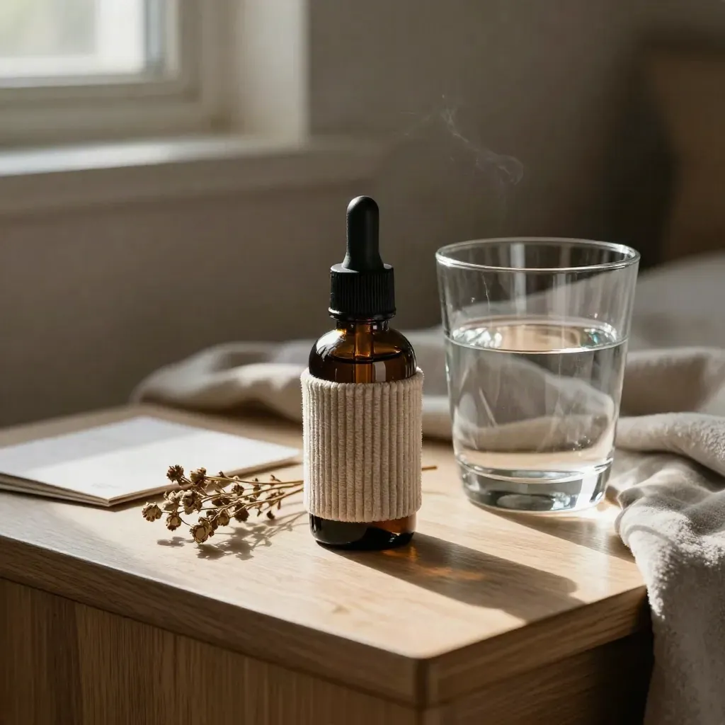 Flacon de sérum de nuit sombre sur velours crème avec herbes sèches et verre d’eau.
