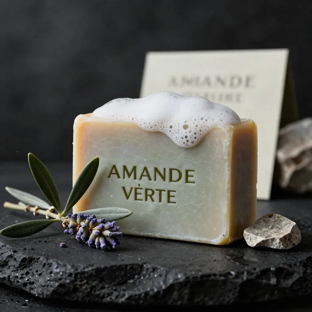 Savon lavande et olive en gros plan dramatique, mousse dense, olive et lavande sèche, pierre texturée.