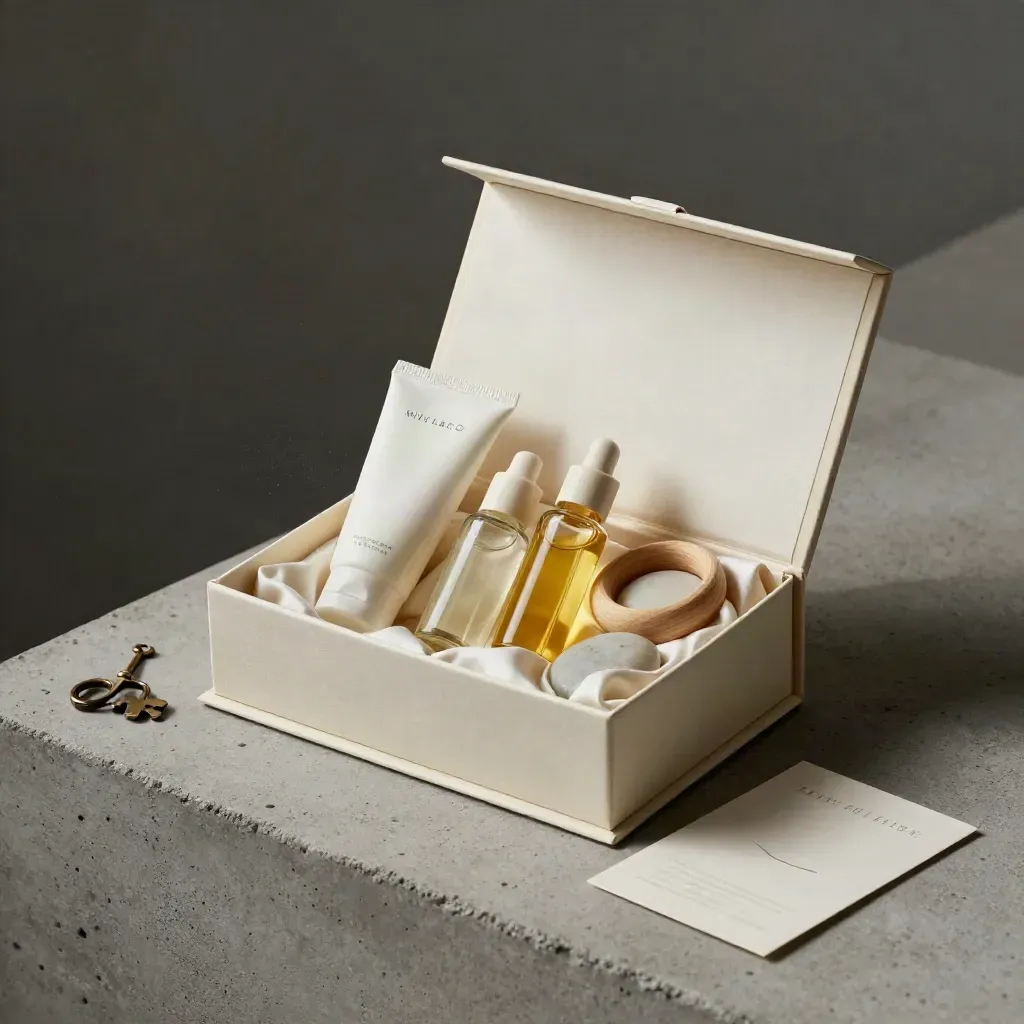 Coffret naissance ouvert avec trois mini soins, mousseline, anneau de bois et pierre lisse.