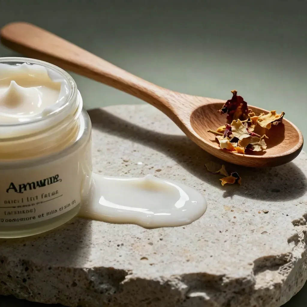 Flacon crème de lait corps amande et miel, traînée de lait sur pierre, cuillère en bois.