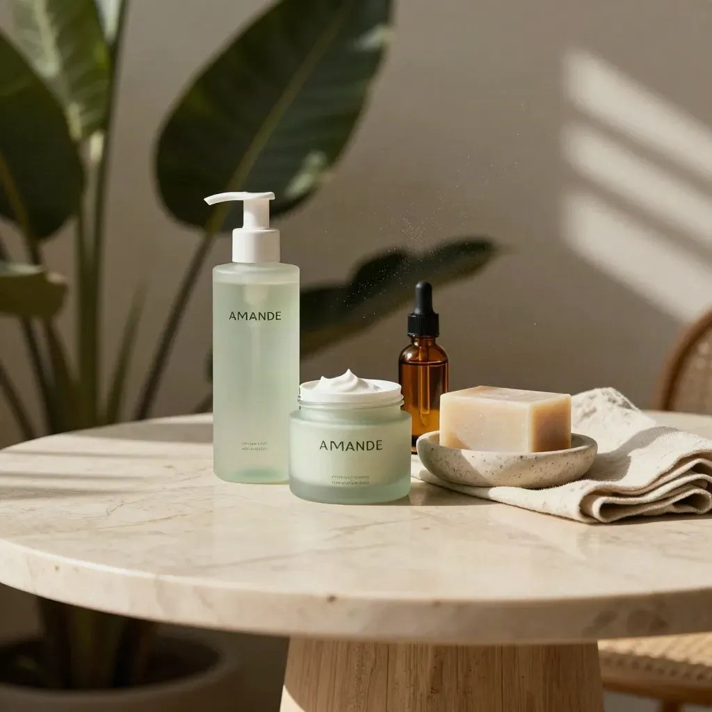 Soins visage sur marbre crème dans une véranda solaire, feuilles hautes et ombres de jalousies.