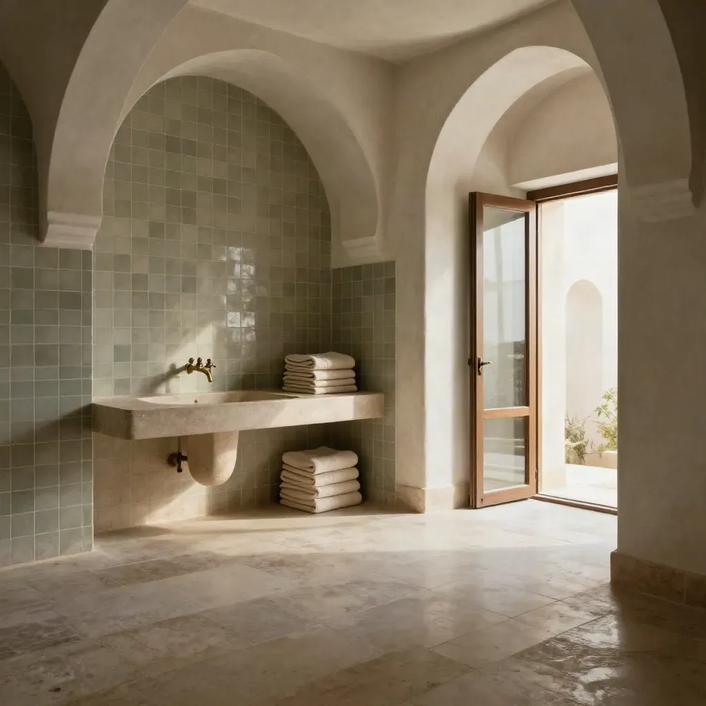Atelier spa lumineux avec arches blanches, tuiles vert sauge et serviettes pliées.