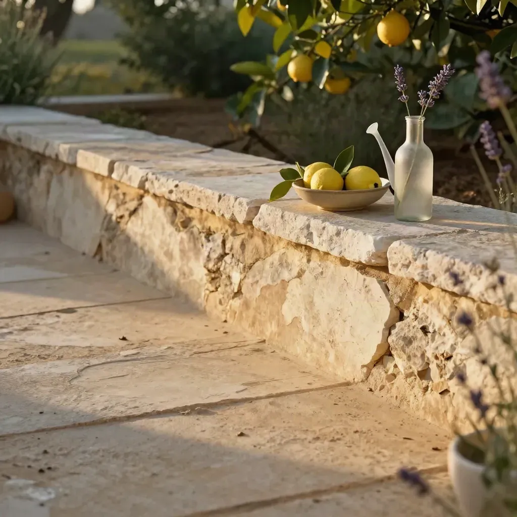 Terrasse en pierre dorée, agrumes au fond et lavande floue en haut du cadre.