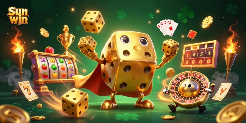 Spin your luck with Sun win, featuring a magical golden dice golem and dynamic slots elements.