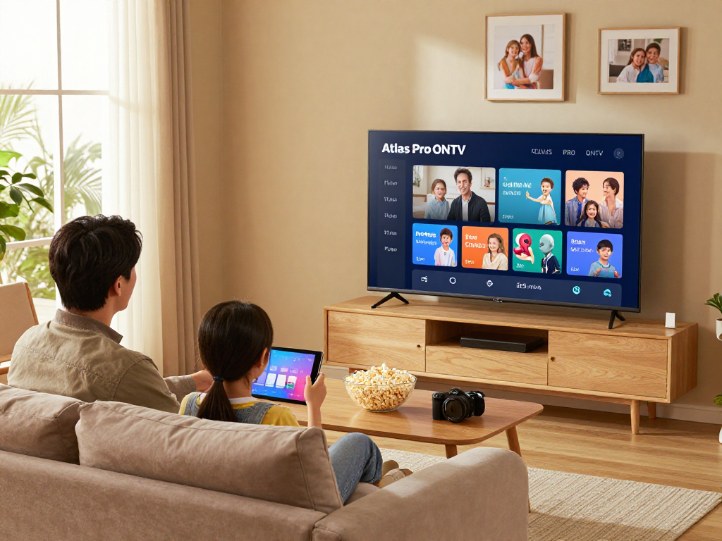 Profitez de l'application Atlas Pro ONTV dans un salon familial confortable.