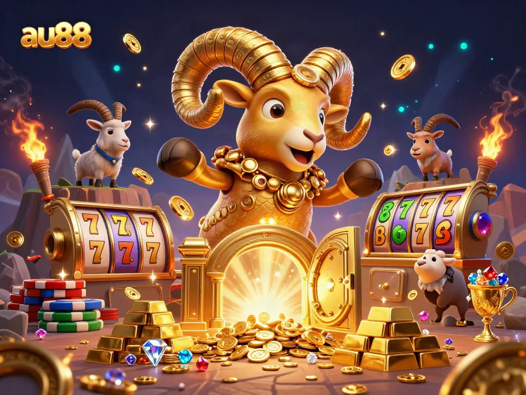Experience thrilling gaming action at au88 with a dynamic 3D illustration featuring a golden ram and slot symbols.