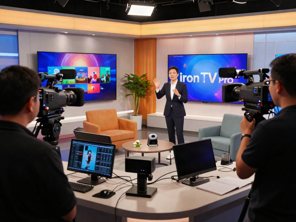 Présentation dynamique de l'Iron TV Pro dans un studio moderne et professionnel, éclairage chaleureux, équipement de pointe.