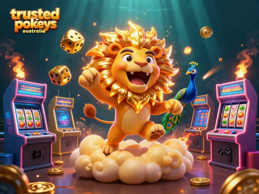 Play trusted online pokies Australia highlighted with a vivid 3D casino illustration featuring dynamic game elements.