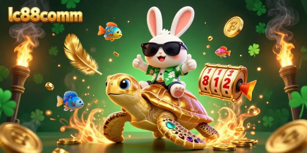 Experience excitement with lc88comm as the lucky rabbit rides a golden sea turtle amidst vibrant casino elements.