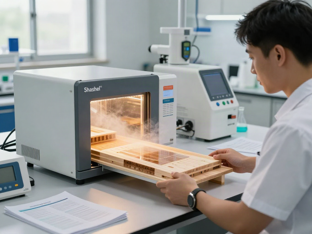 Traitement du bois avec Shashel® dans un laboratoire moderne, montrant un technicien à l'œuvre.