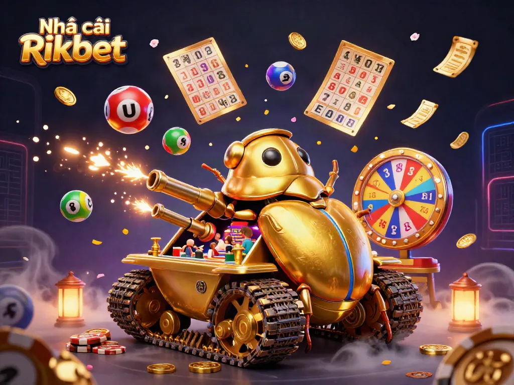 Engage with Nhà cái Rikbet's thrilling mini-casino inside a golden beetle tank, surrounded by vibrant game elements.