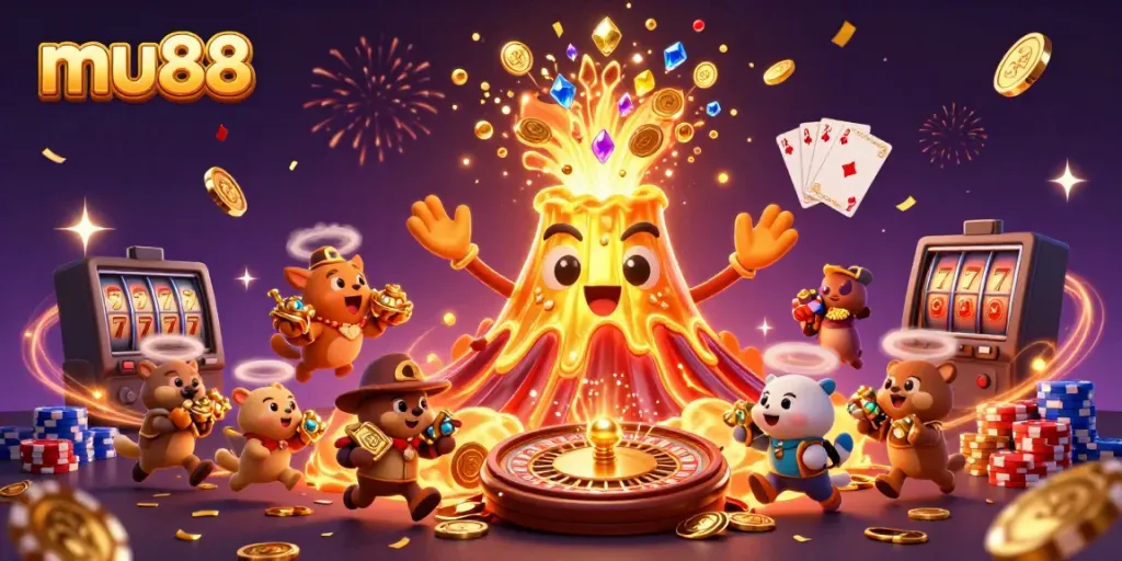 Experience thrilling wins at mu88 with a colorful 3D illustration of a golden volcano erupting treasures.