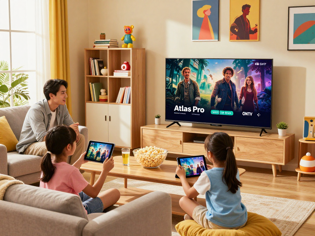 Une famille utilisant Atlas pro pour regarder un film en haute définition dans leur salon accueillant.