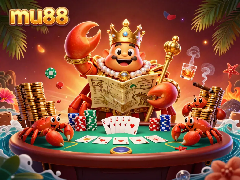 Engage with exciting mu88 casino adventures featuring a vibrant crab emperor and poker elements.