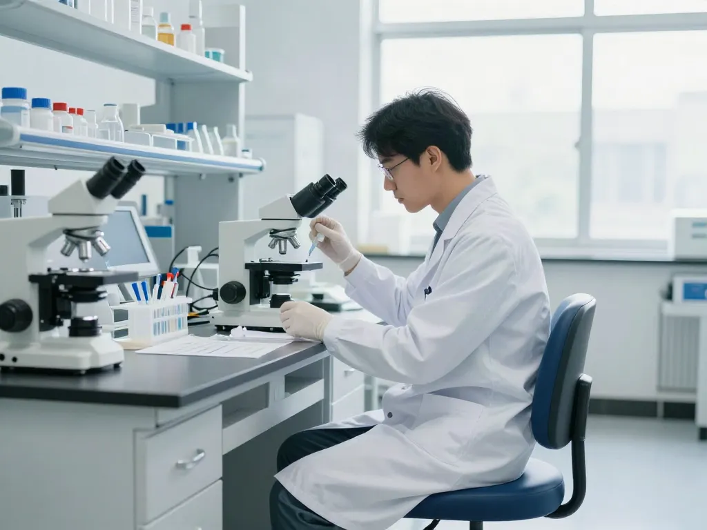 Siège de laboratoire résistant aux produits chimiques dans un environnement de recherche, mise en valeur de la sécurité et du confort d'assise.